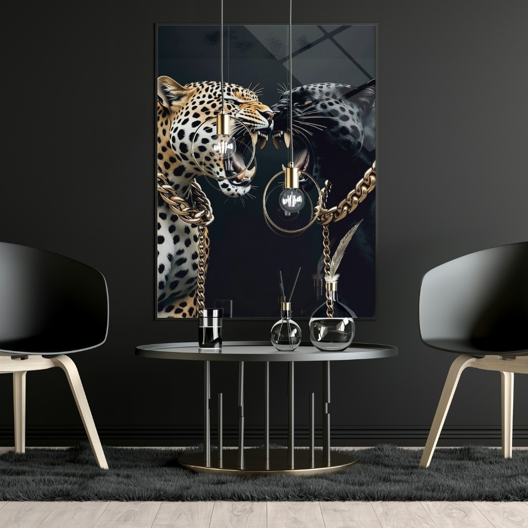 Altın Zincirli Leopar ve Siyah Panter Modern Cam Tablo