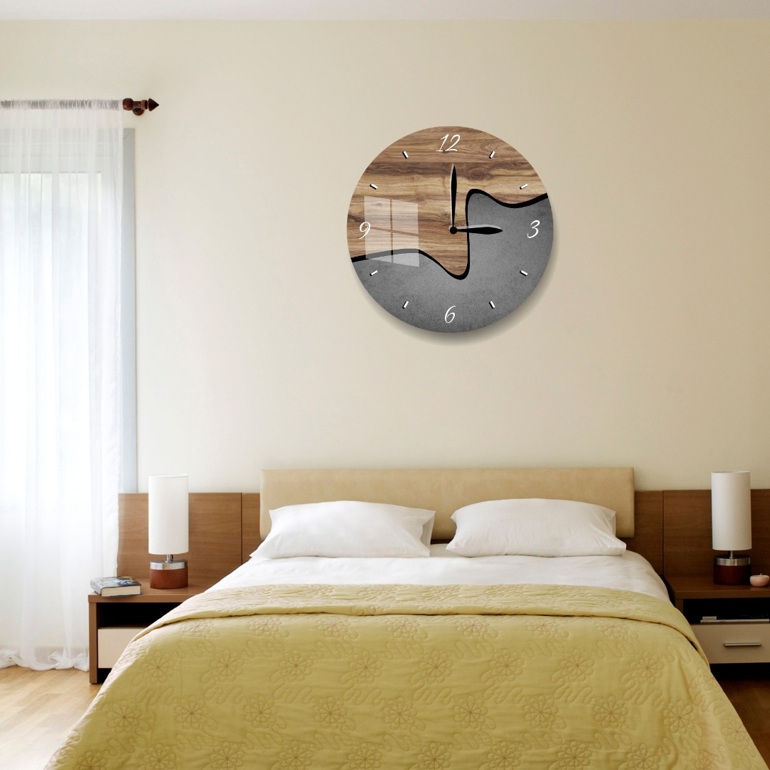 Ahşap Beton Desenli Modern Cam Duvar Saati