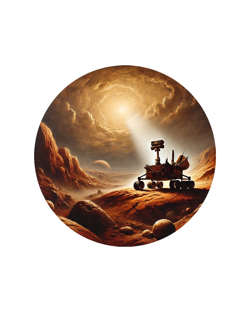 Mars Keşif Aracı ve Gezegen Manzaralı Yuvarlak Cam Tablo