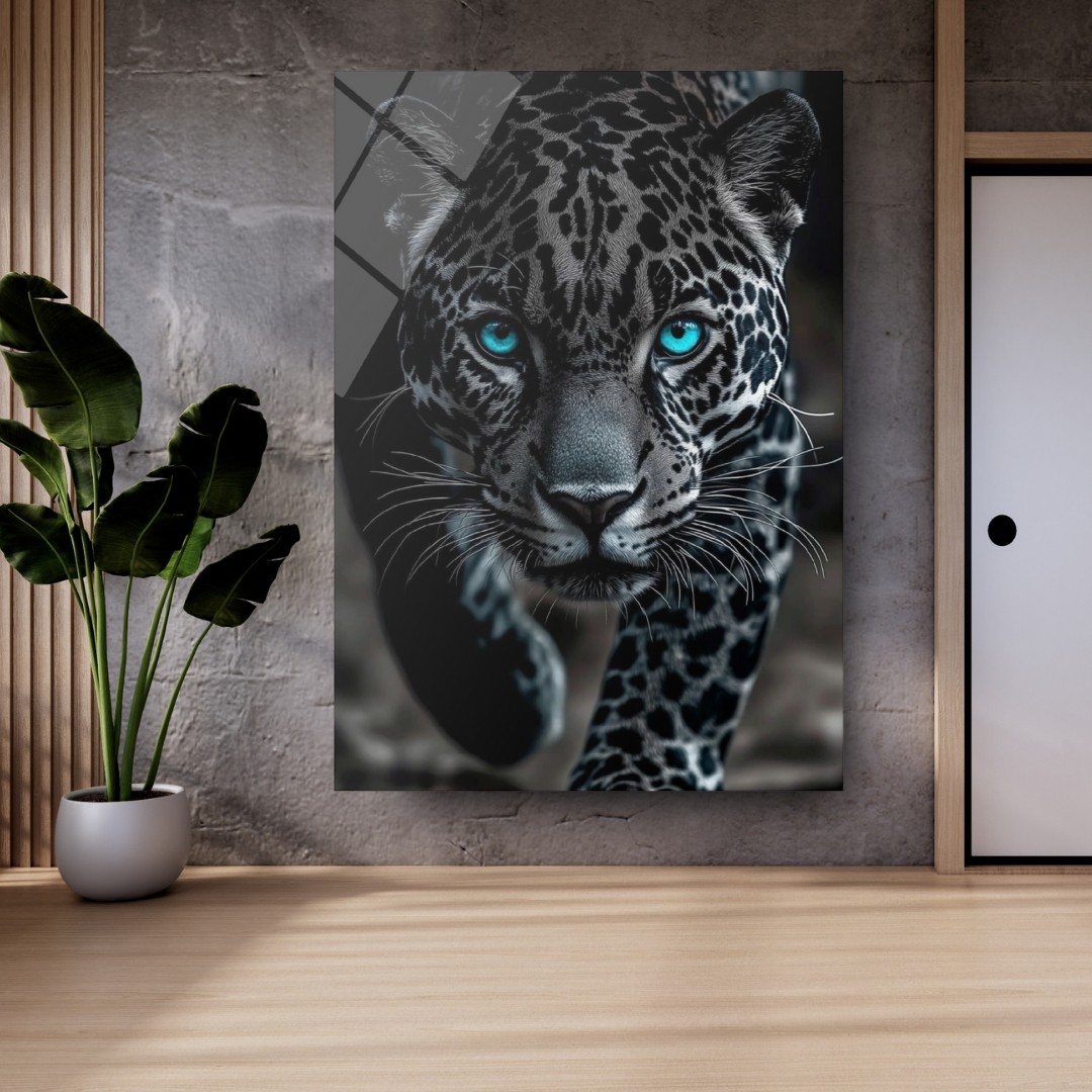 Mavi Gözlü Leopar Cam Tablo