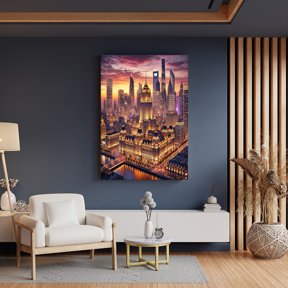 Işıltılı Şehir Manzaralı Modern Cam Tablo