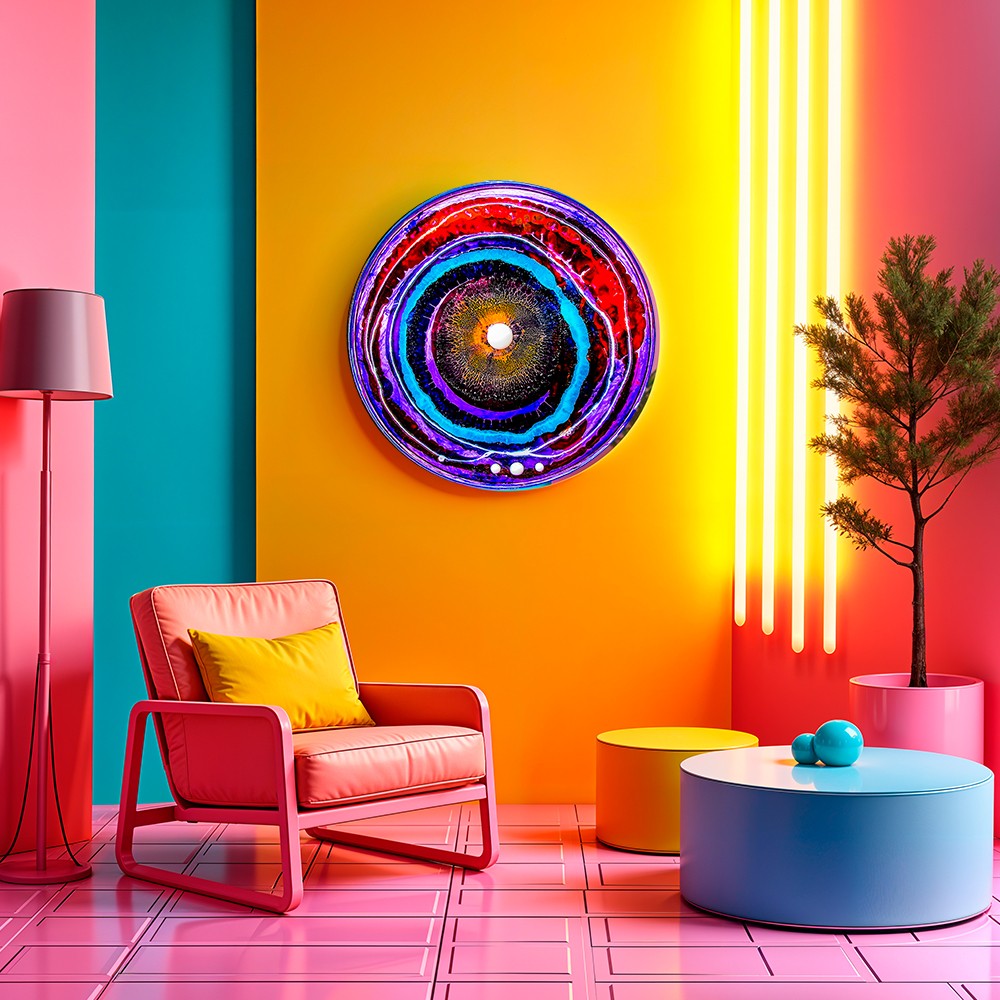 Dairesel Renkli Abstrakt Sanat Cam Tablo – Modern ve Enerjik Duvar Dekoru