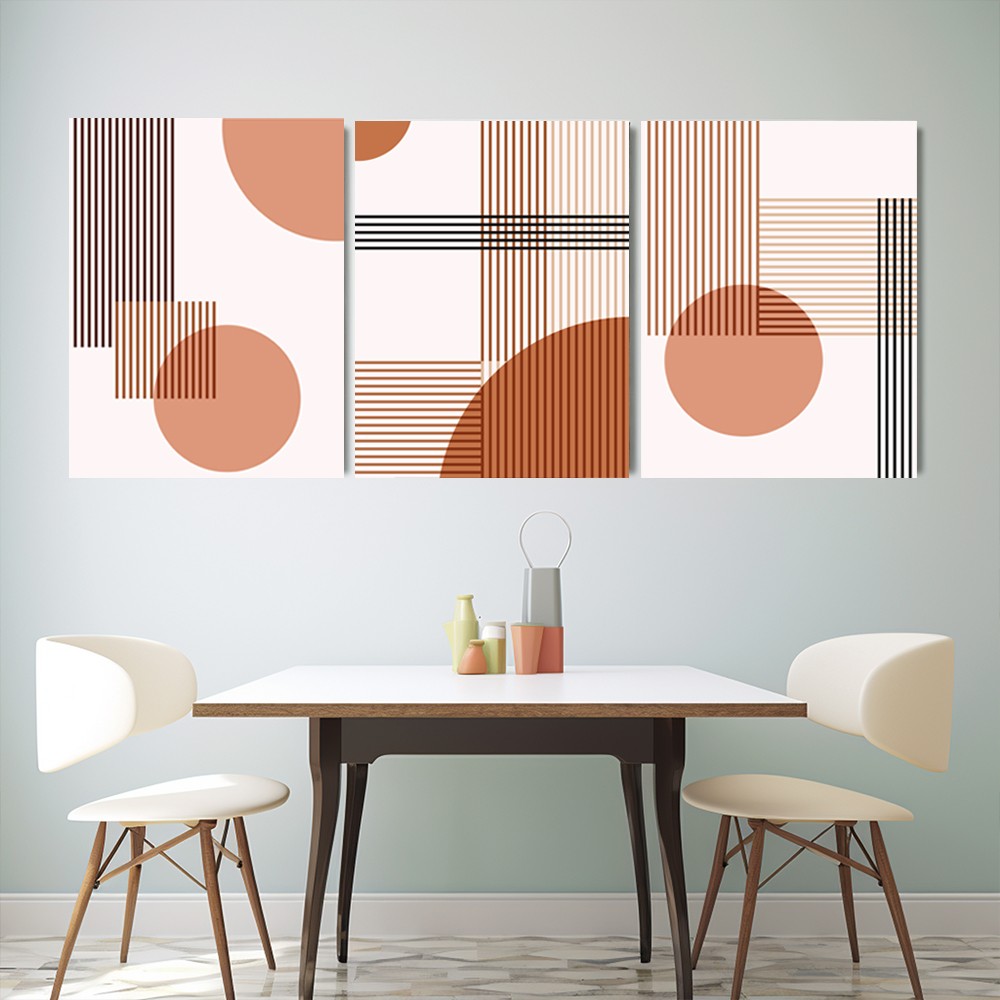 Turuncu Çizgili Geometrik Desenli 3’lü Modern Cam Tablo Seti