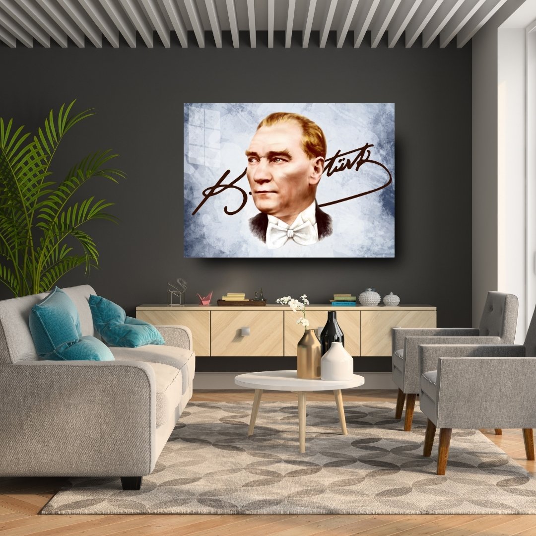 Atatürk İmzalı Modern Portre Cam Tablo | Özel Tasarım Cam Tablo