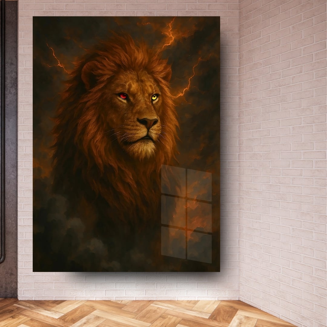 Sarı Kırmızı Gözlü Aslan Cam Tablo