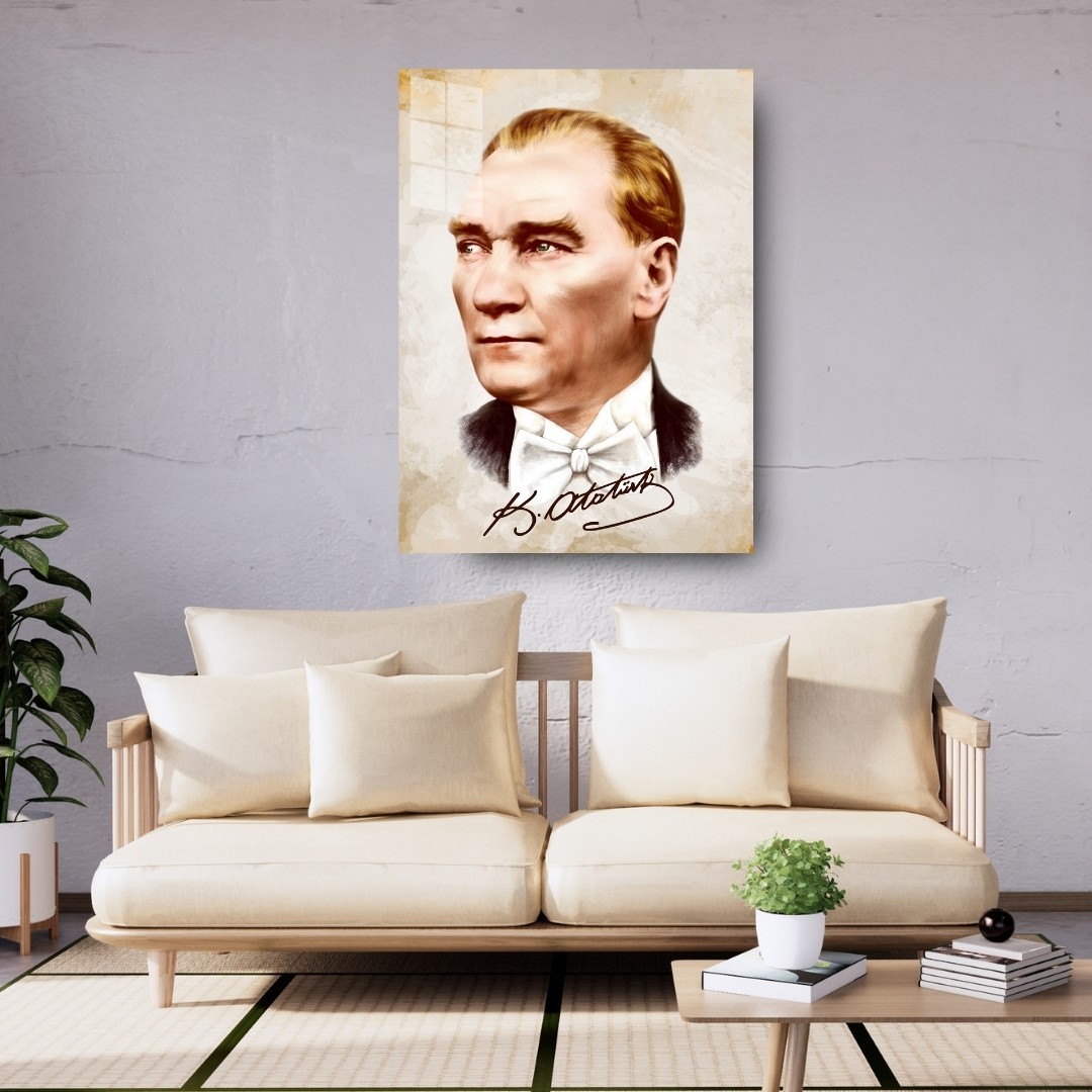 Atatürk İmzalı Renkli Portre Cam Tablo | Modern Atatürk Tablosu
