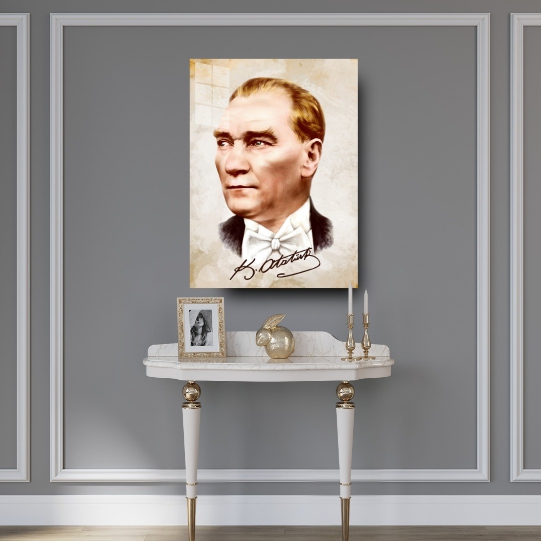 Atatürk İmzalı Renkli Portre Cam Tablo | Modern Atatürk Tablosu