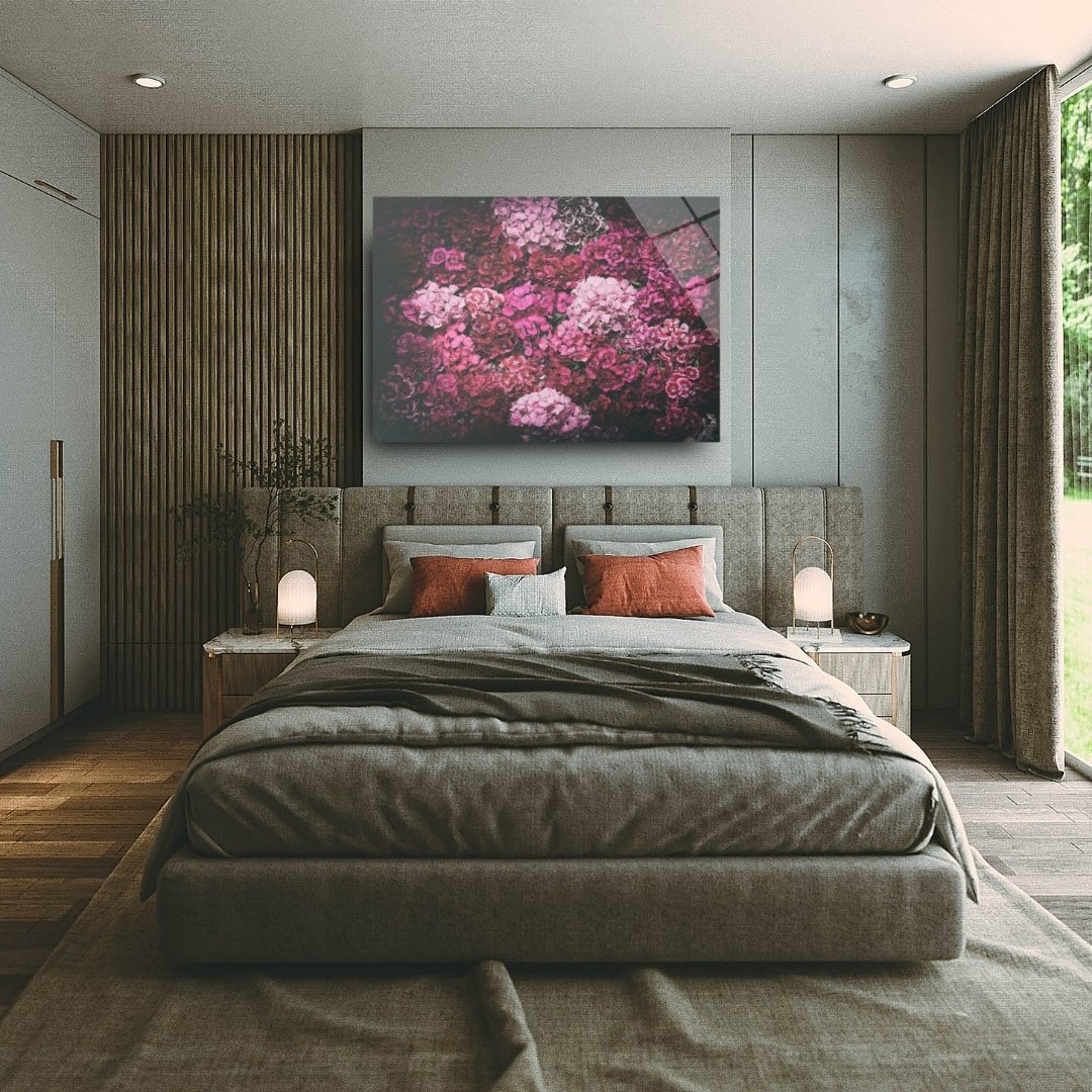 Pembe Çiçekler Temalı Modern Cam Tablo – Floral Dekor