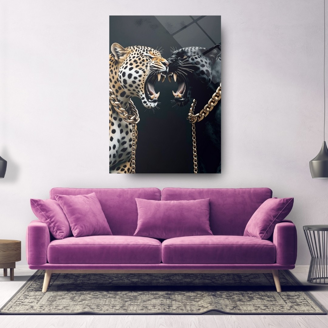 Altın Zincirli Leopar ve Siyah Panter Modern Cam Tablo