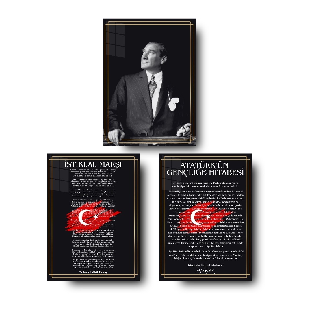 Atatürk Köşesi Siyah Üçlü Set Cam Tablo – Atatürk Portresi, İstiklal Marşı & Gençliğe Hitabe