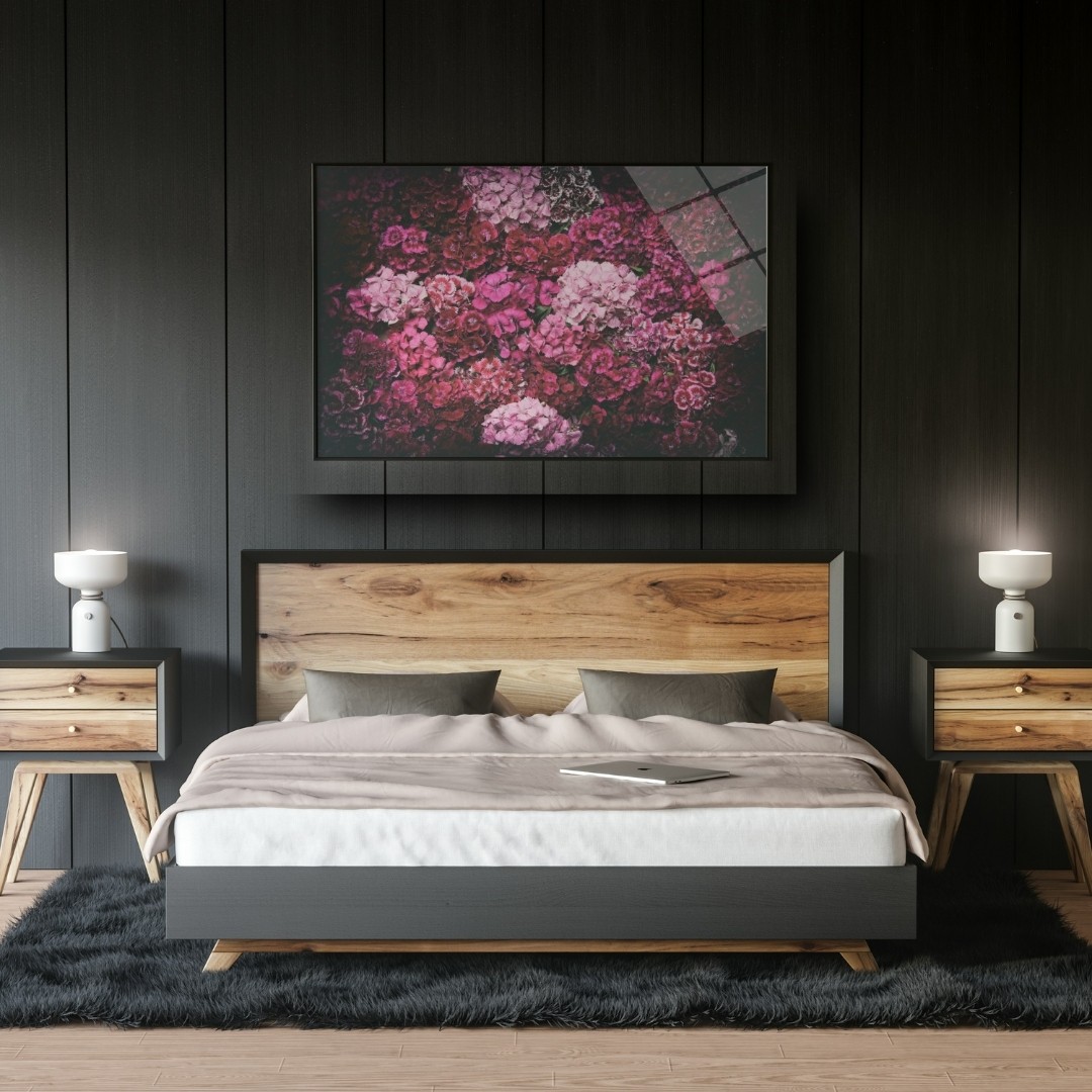 Pembe Çiçekler Temalı Modern Cam Tablo – Floral Dekor