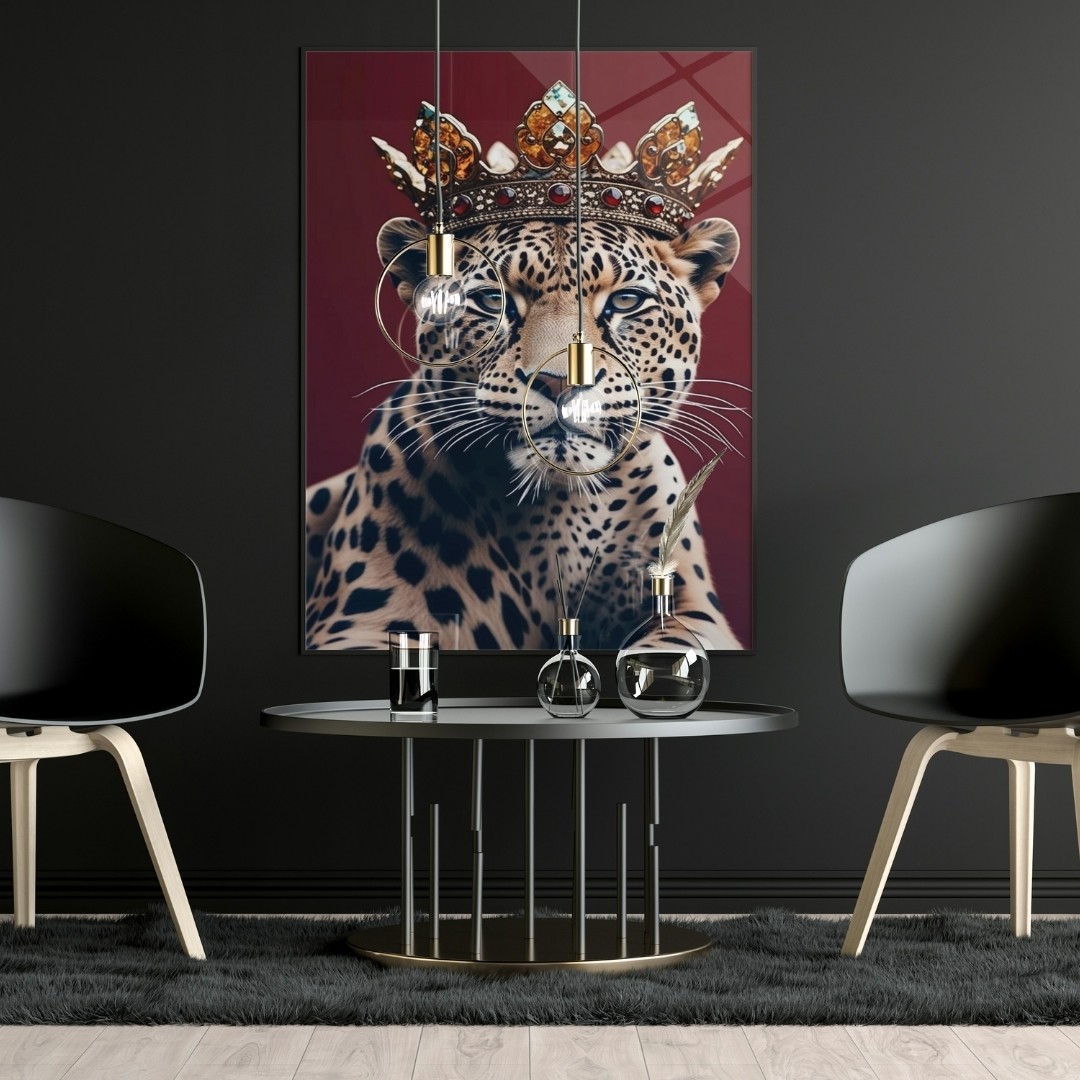 Taçlı Leopar Cam Tablo