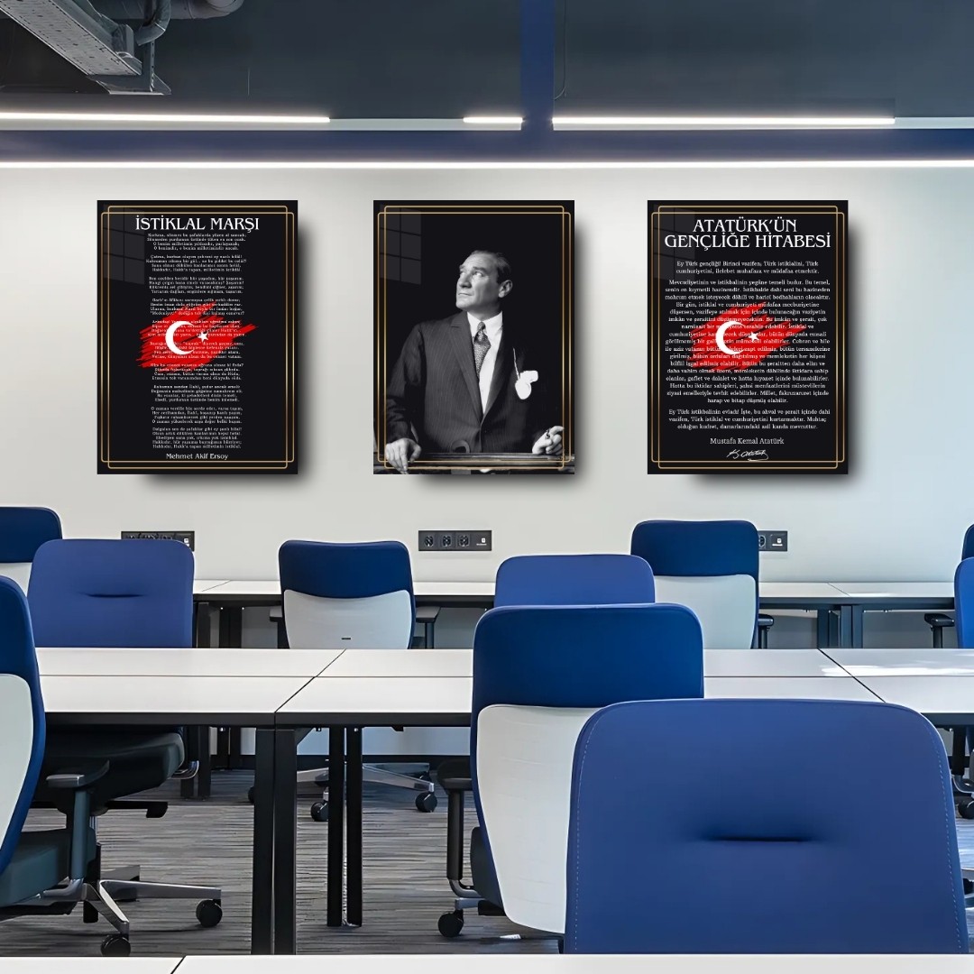 Atatürk Köşesi Siyah Üçlü Set Cam Tablo – Atatürk Portresi, İstiklal Marşı & Gençliğe Hitabe
