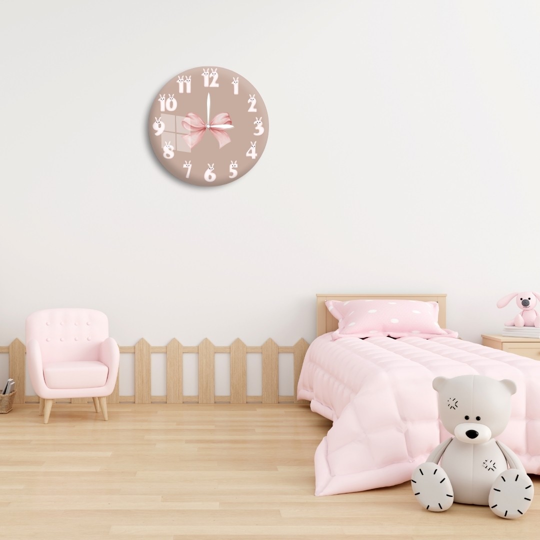 Pembe Kurdele ve Tavşan Figürlü Dekoratif Cam Duvar Saati