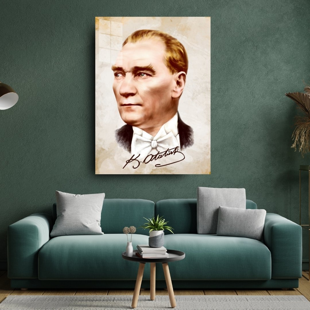 Atatürk İmzalı Renkli Portre Cam Tablo | Modern Atatürk Tablosu