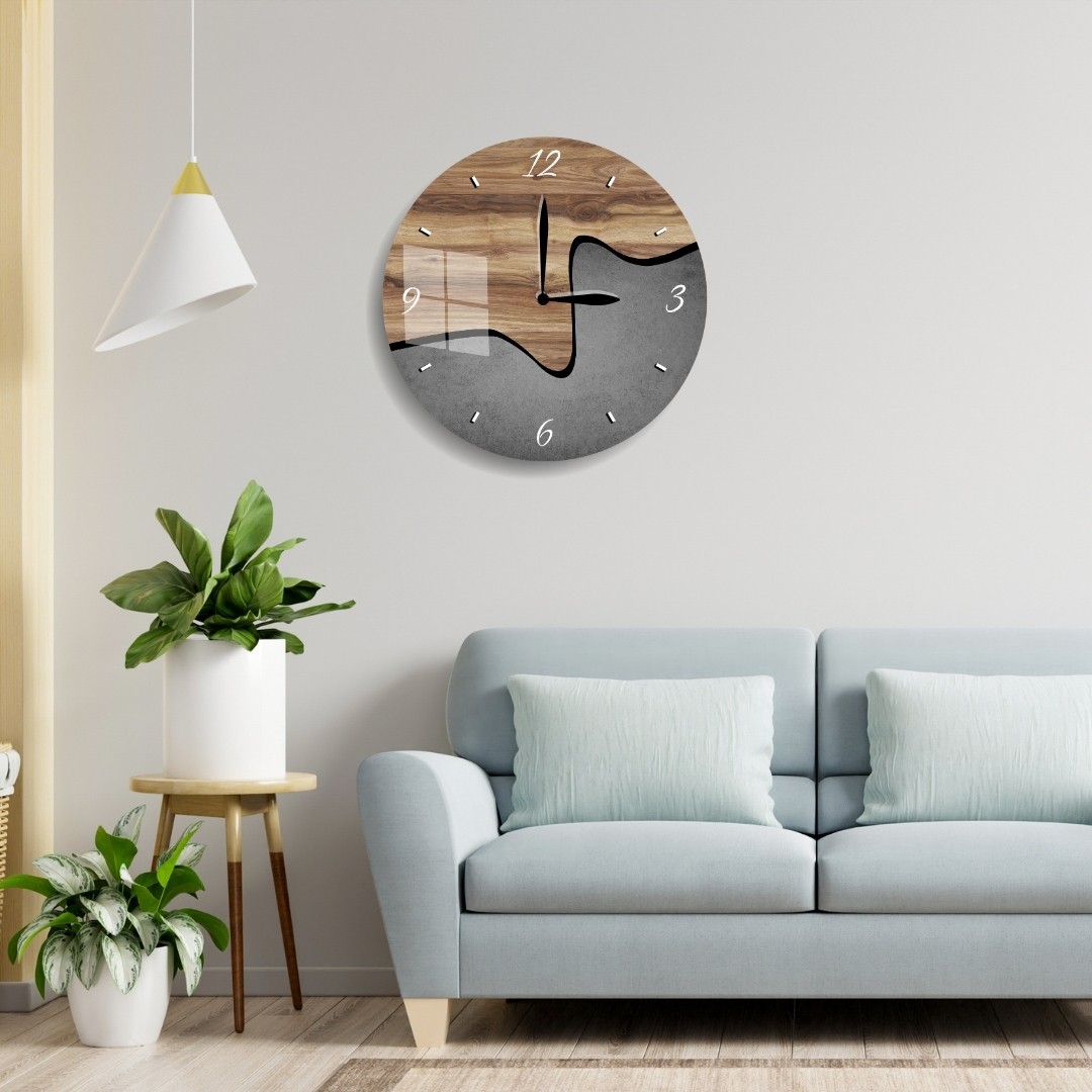Ahşap Beton Desenli Modern Cam Duvar Saati