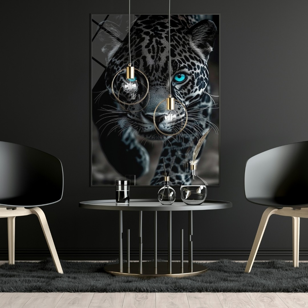 Mavi Gözlü Leopar Cam Tablo