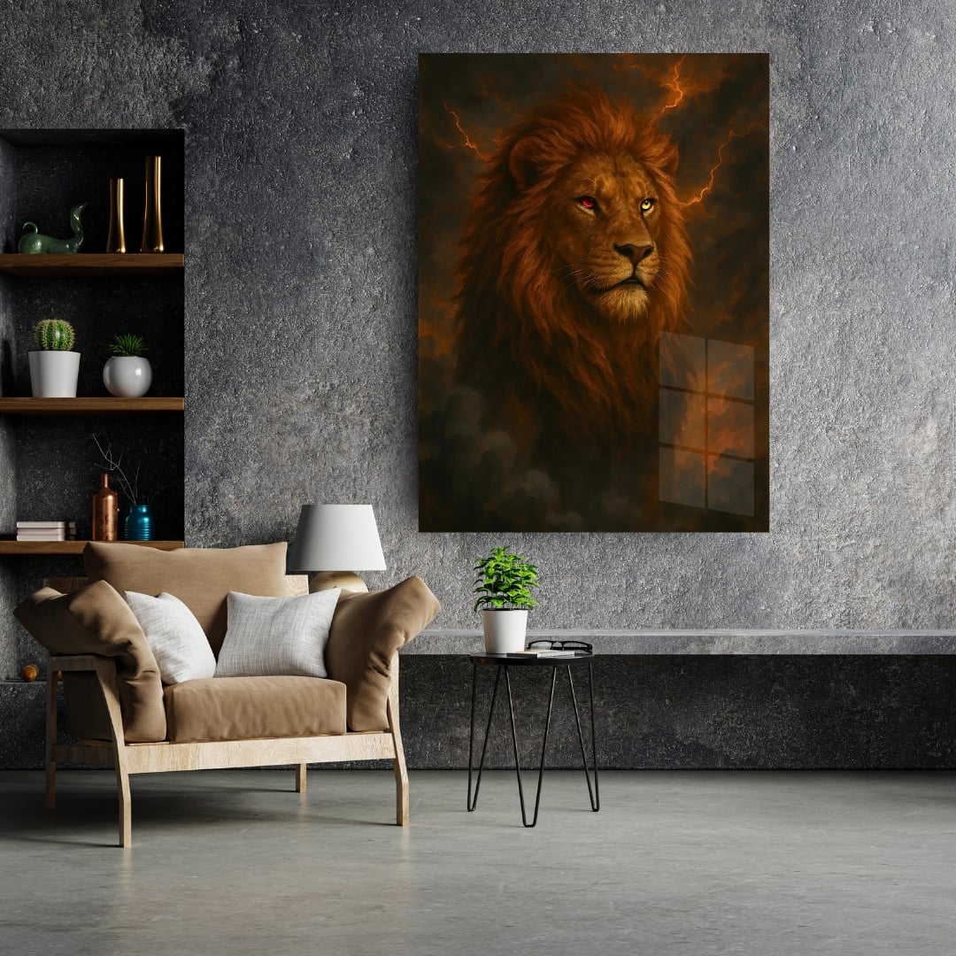 Sarı Kırmızı Gözlü Aslan Cam Tablo