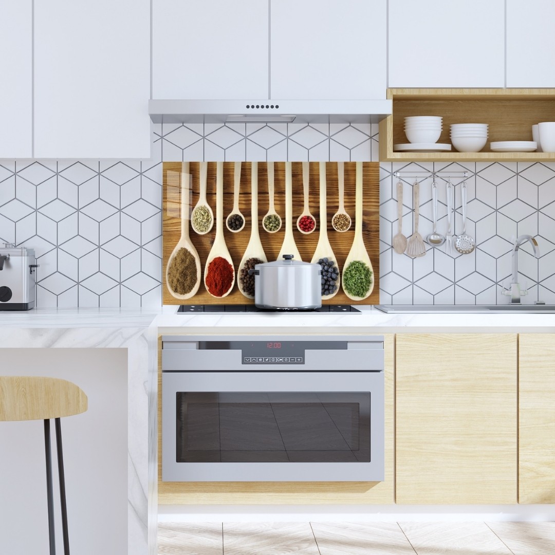 Tahta Kaşık ve Baharat Temalı Ocak Arkası Koruyucu Cam Panel