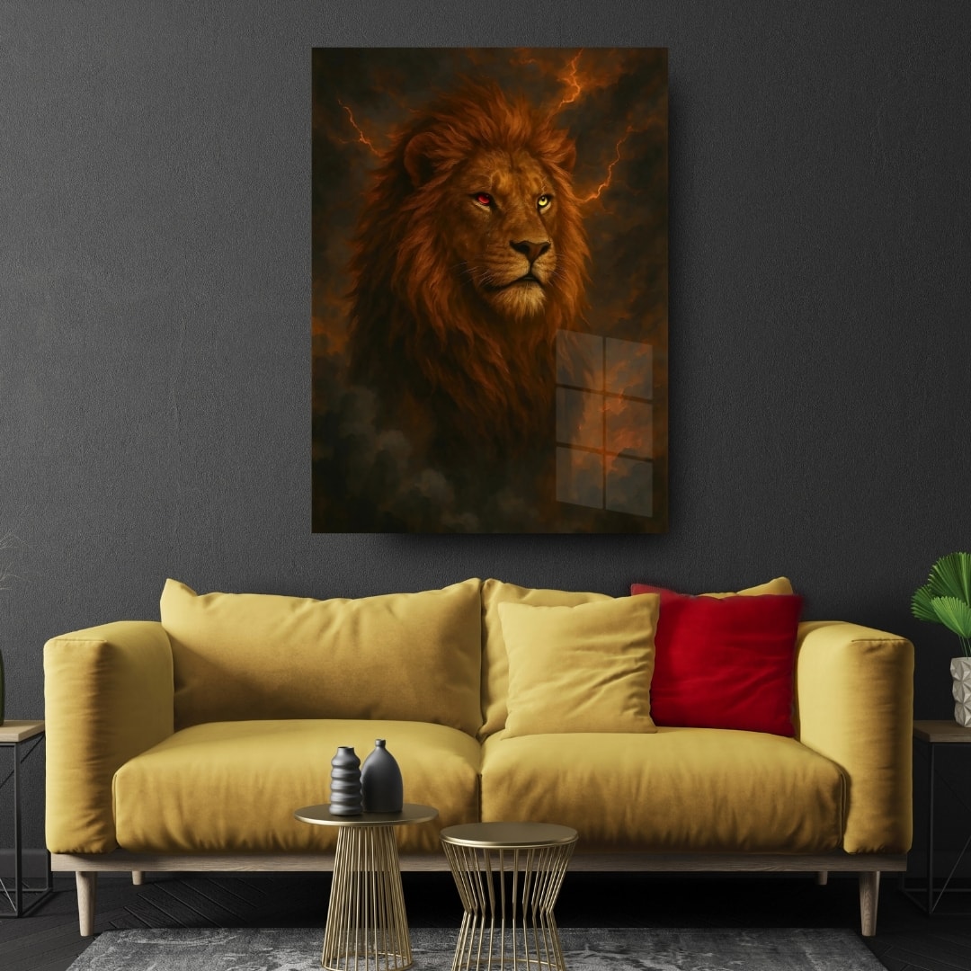 Sarı Kırmızı Gözlü Aslan Cam Tablo