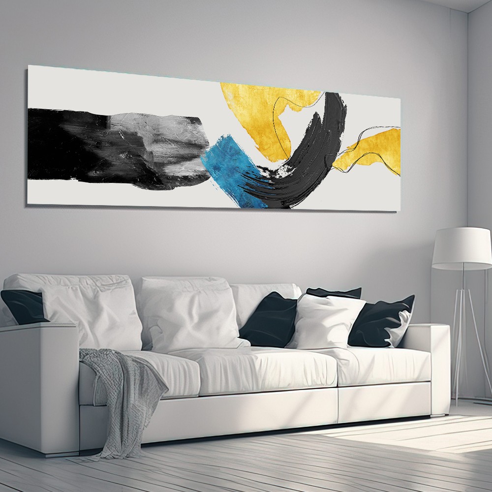 Siyah Sarı ve Mavi Fırça Darbeli Soyut Cam Tablo – Modern Uzun Panel