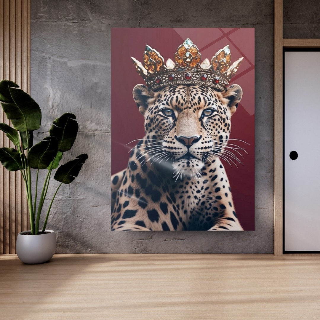 Taçlı Leopar Cam Tablo