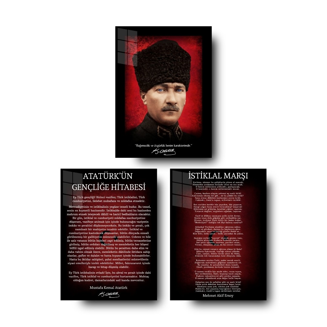 Atatürk Köşesi Kırmızı Üçlü Set Cam Tablo – Atatürk Portresi, Gençliğe Hitabe & İstiklal Marşı