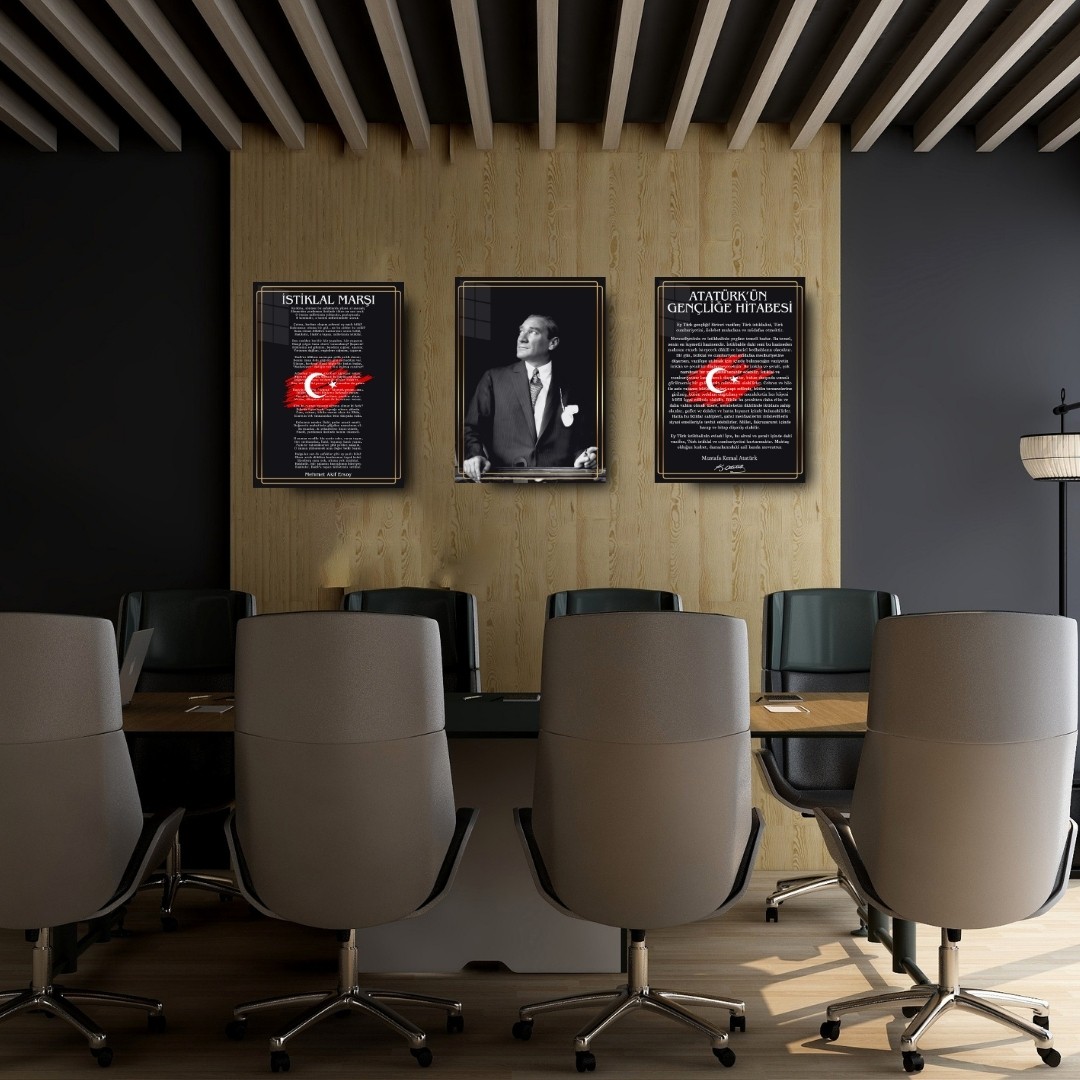 Atatürk Köşesi Siyah Üçlü Set Cam Tablo – Atatürk Portresi, İstiklal Marşı & Gençliğe Hitabe