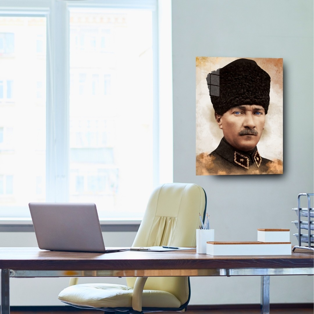 Atatürk Kalpaklı Portre Cam Tablo | Renkli Modern Atatürk Tablosu