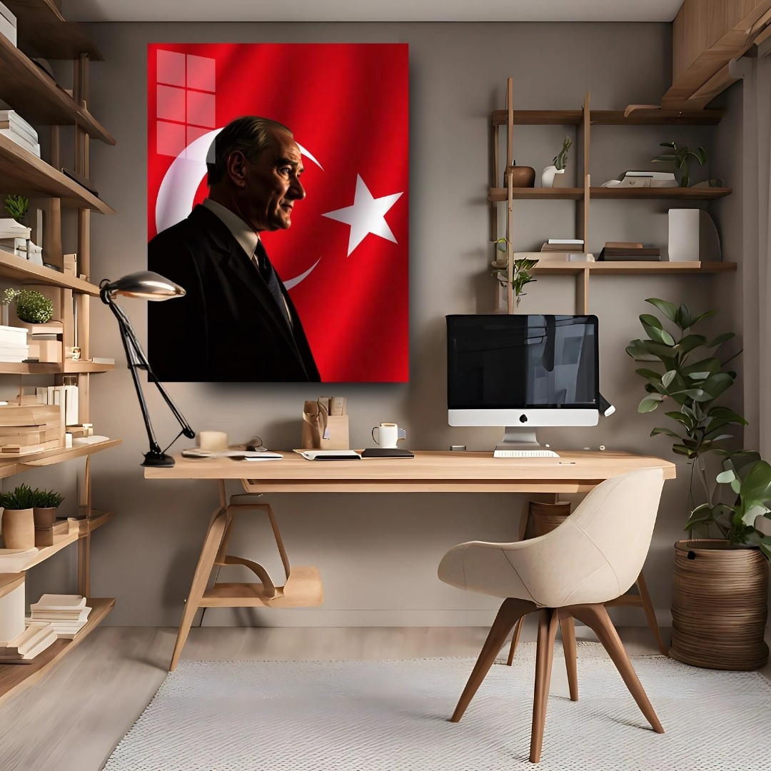 Atatürk ve Türk Bayrağı Cam Tablo – Modern Portre