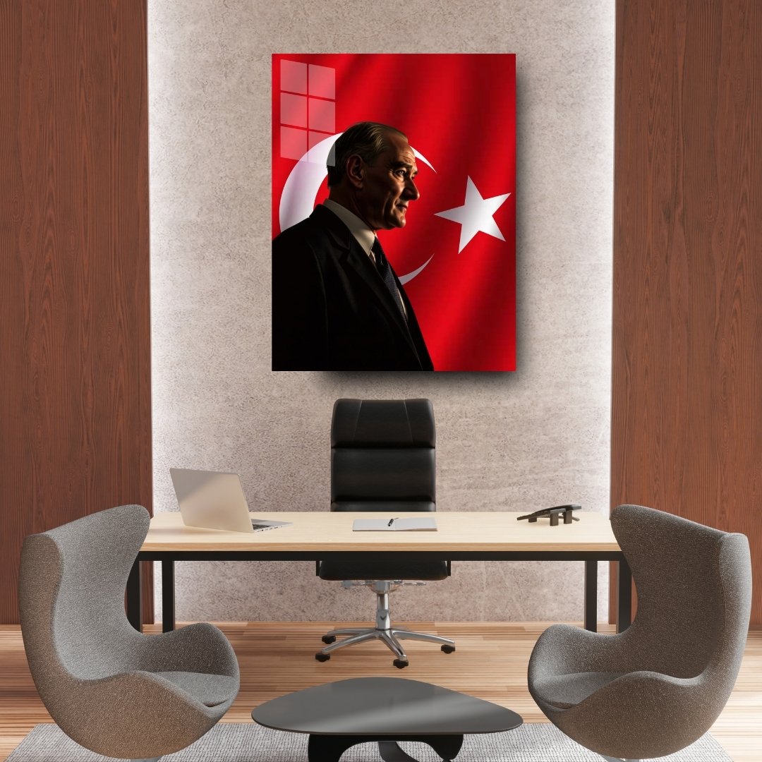 Atatürk ve Türk Bayrağı Cam Tablo – Modern Portre