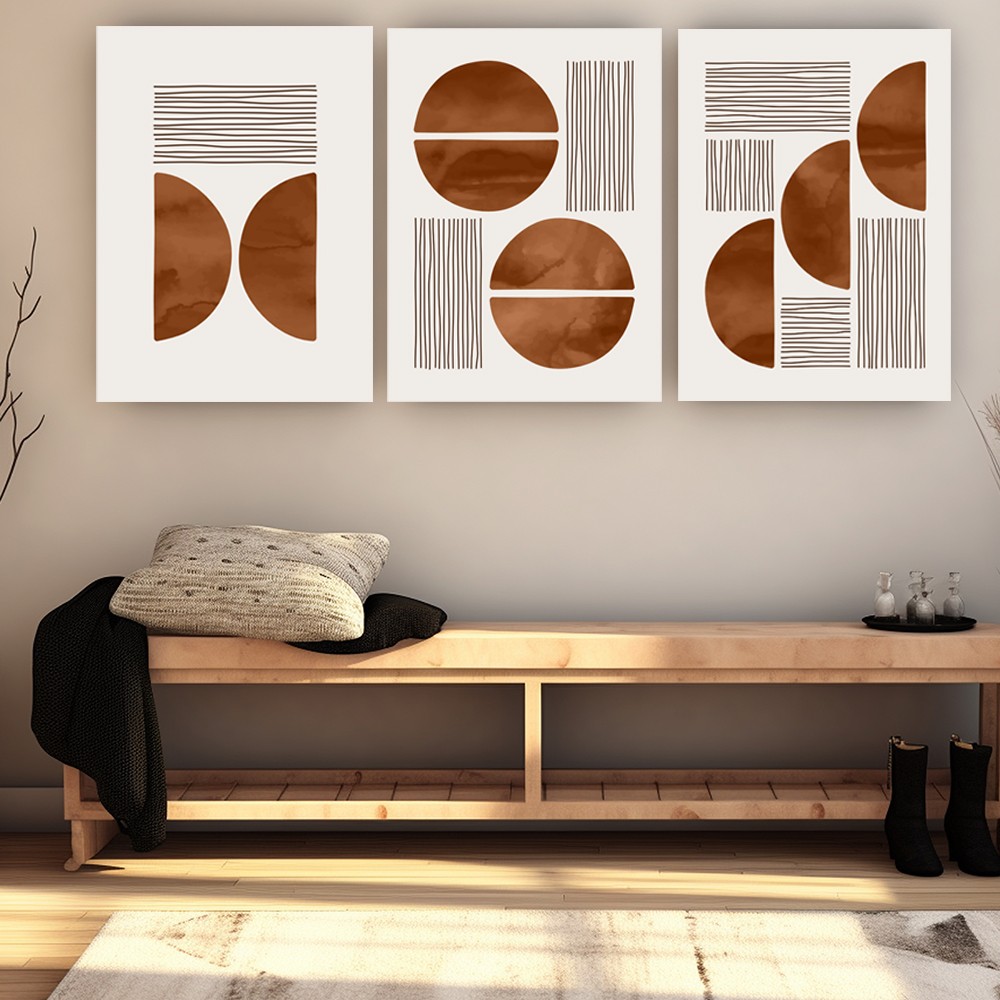 Kahverengi Geometrik Desenli 3’lü Modern Cam Tablo Seti