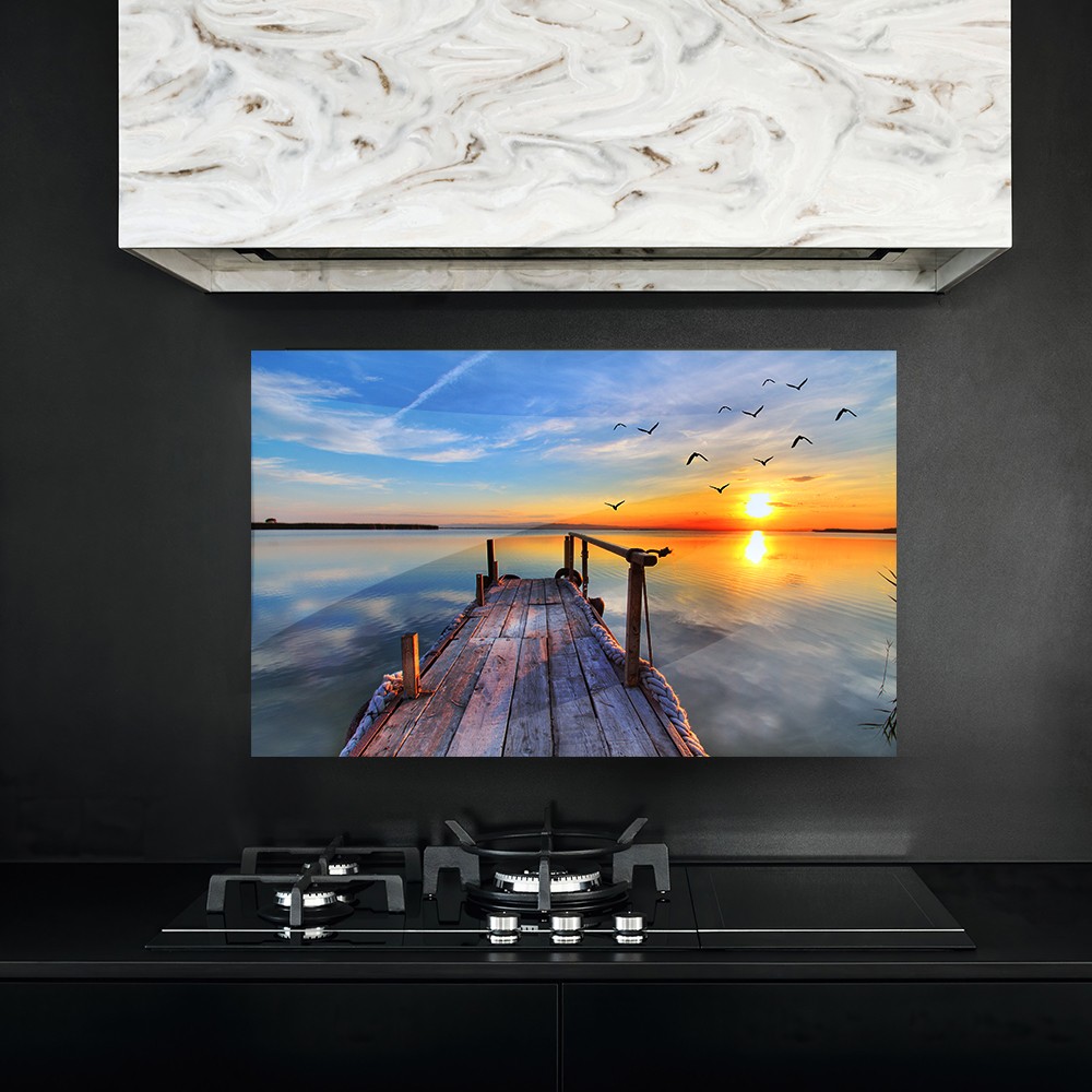 Gün Batımı ve İskele Temalı Ocak Arkası Cam Panel