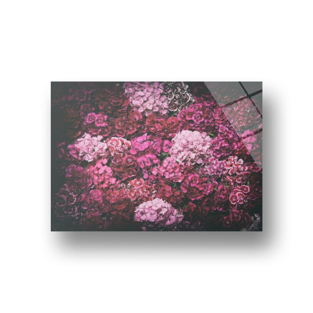 Pembe Çiçekler Temalı Modern Cam Tablo – Floral Dekor