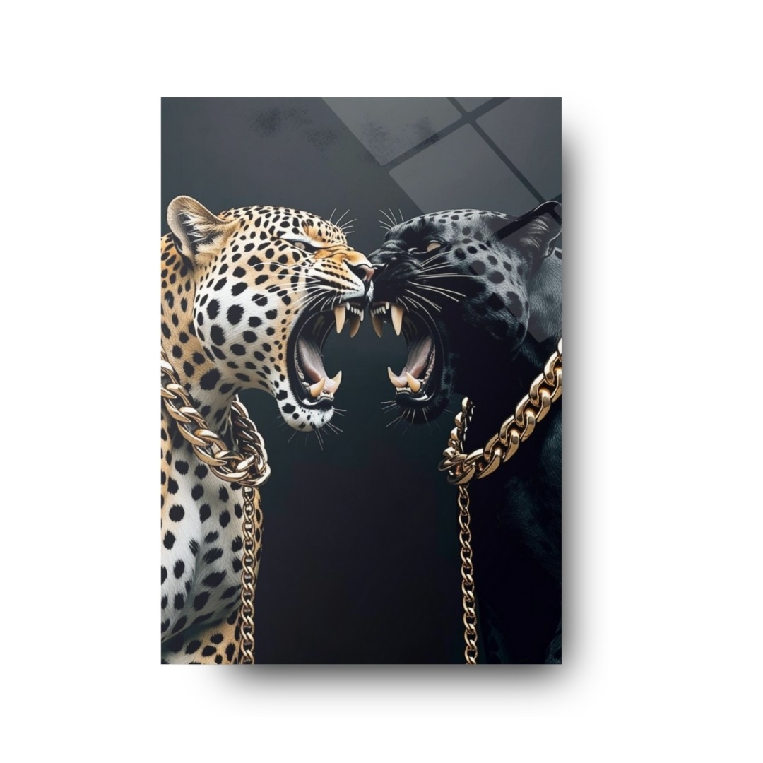 Altın Zincirli Leopar ve Siyah Panter Modern Cam Tablo
