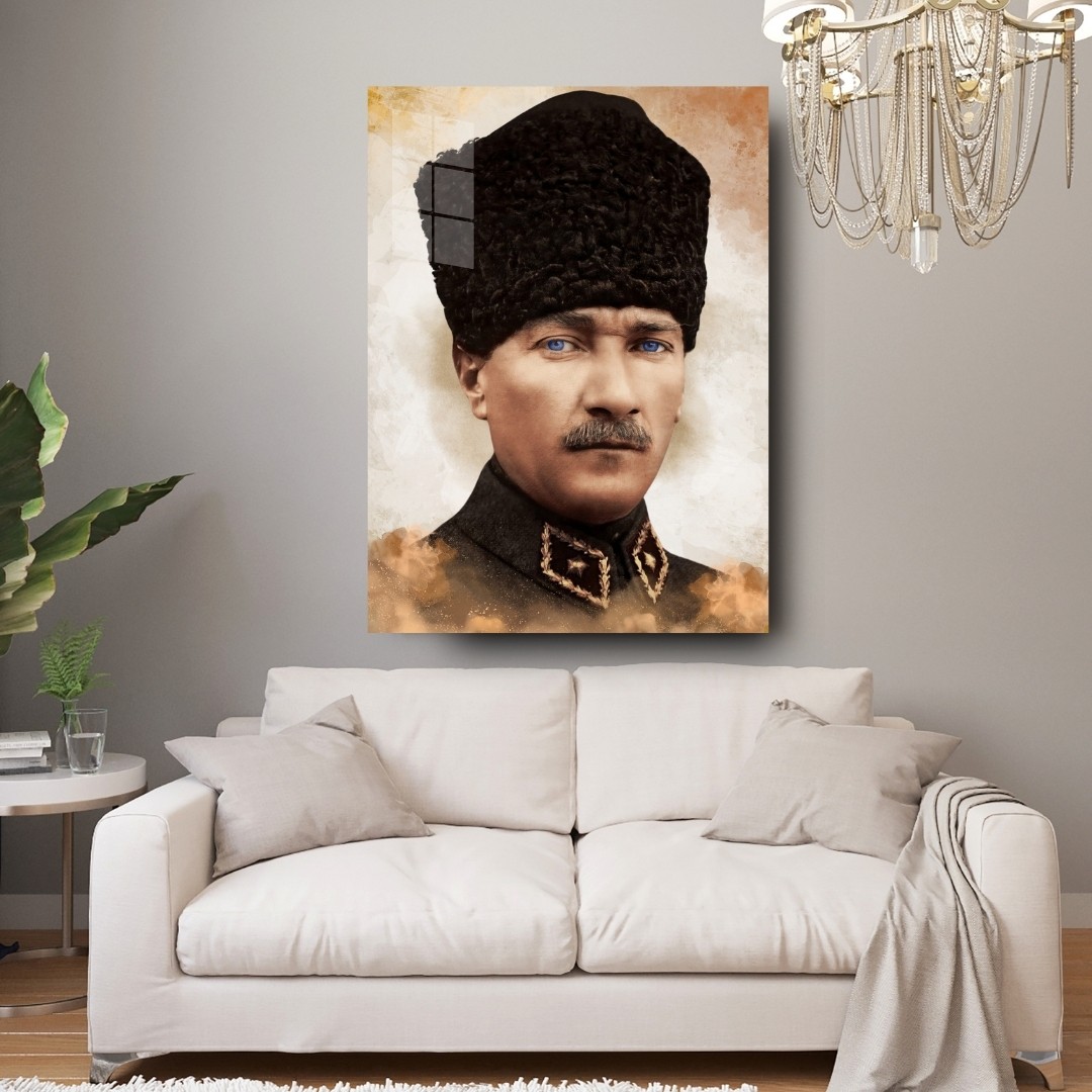 Atatürk Kalpaklı Portre Cam Tablo | Renkli Modern Atatürk Tablosu