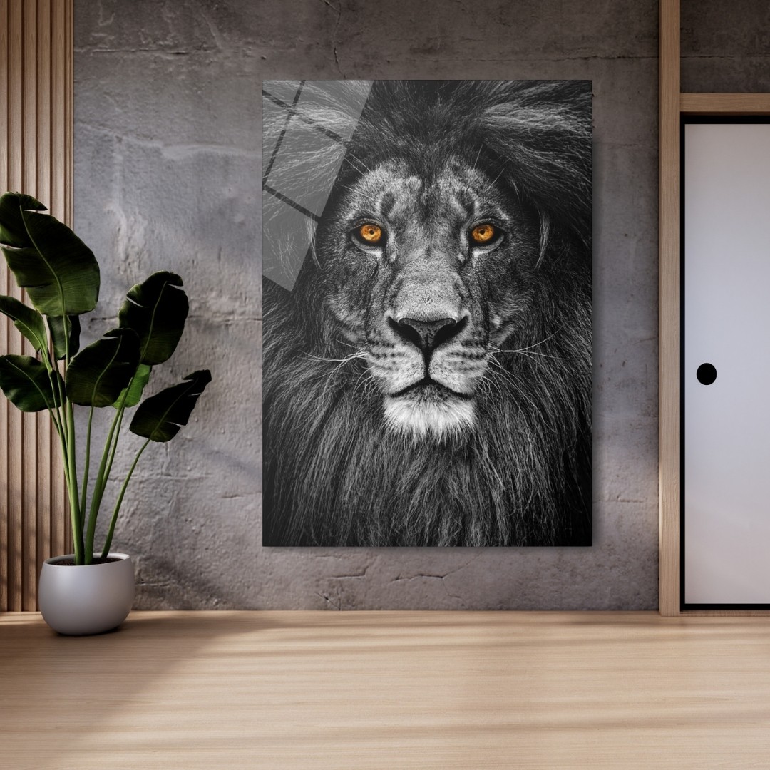 Turuncu Gözlü Aslan Cam Tablo
