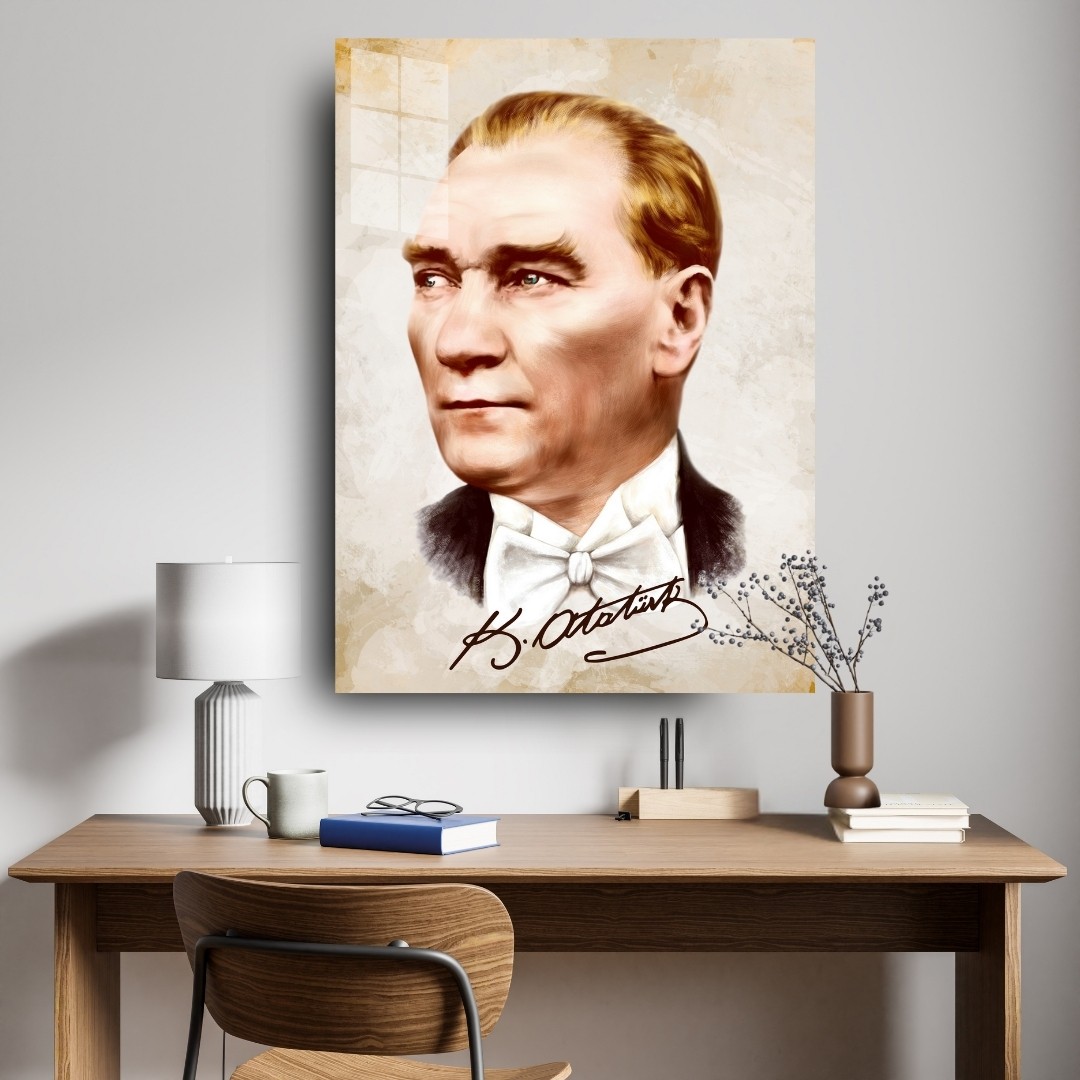 Atatürk İmzalı Renkli Portre Cam Tablo | Modern Atatürk Tablosu