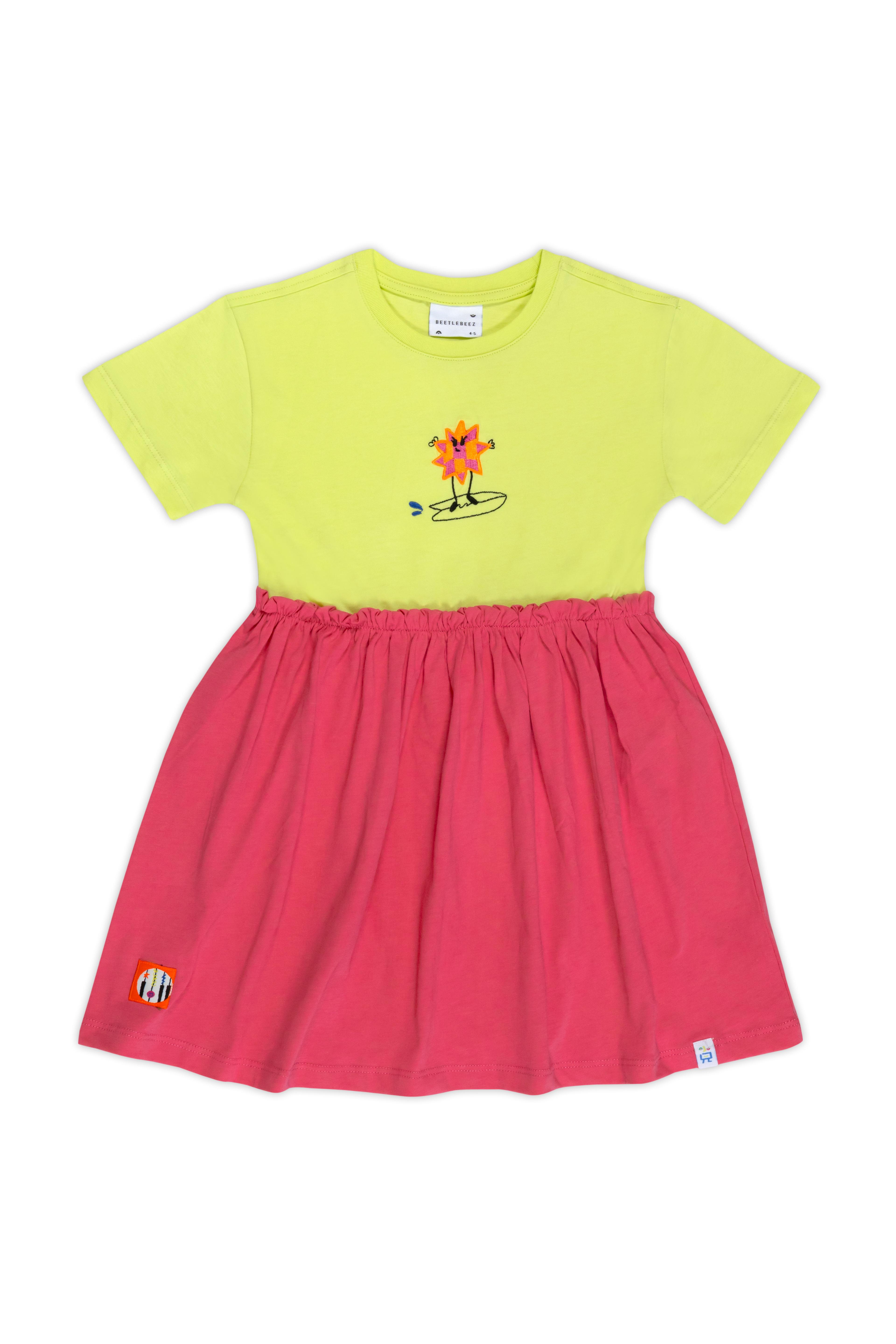 Surf and Fun Frilled Dress_Lime & Pink