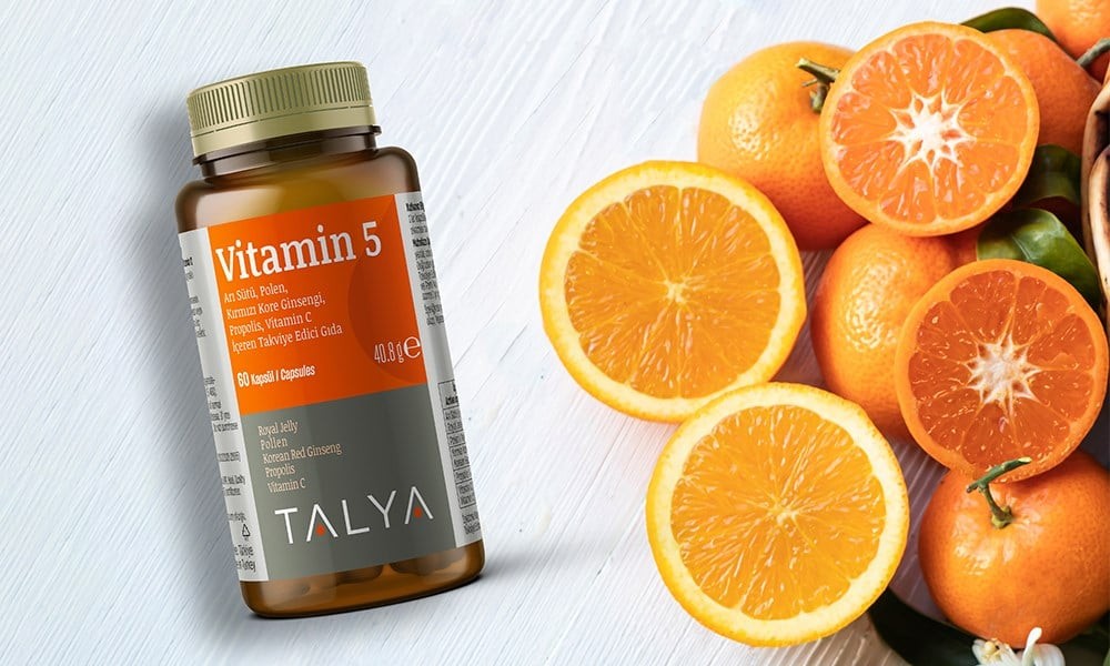 VİTAMİN 5 Arı Sütü, Polen, Kırmızı Kore Ginsengi, Propolis, Vitamin C İçeren Takviye Edici Gıda