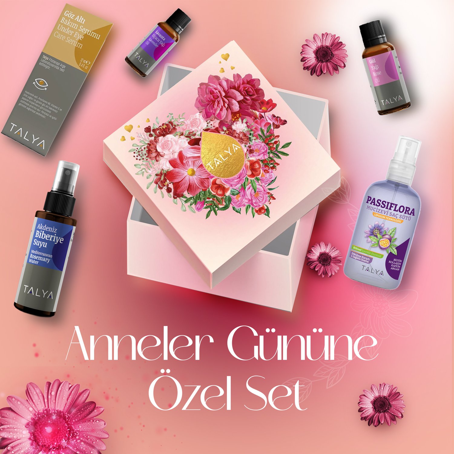 Anneler Günü Özel Set (gül yağı - göz altı bakım serumu -biberiye suyu - passiflora saç bakım sütü - lavanta uçucu yağı)