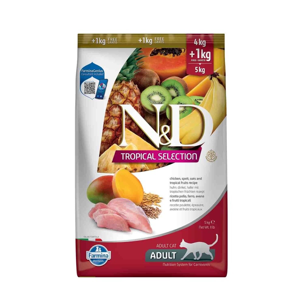 N&D Tropical Selection Düşük Tahıllı Tavuklu ve Tropikal Meyveli Yetişkin Kedi Maması 4 + 1 kg Hediyeli!