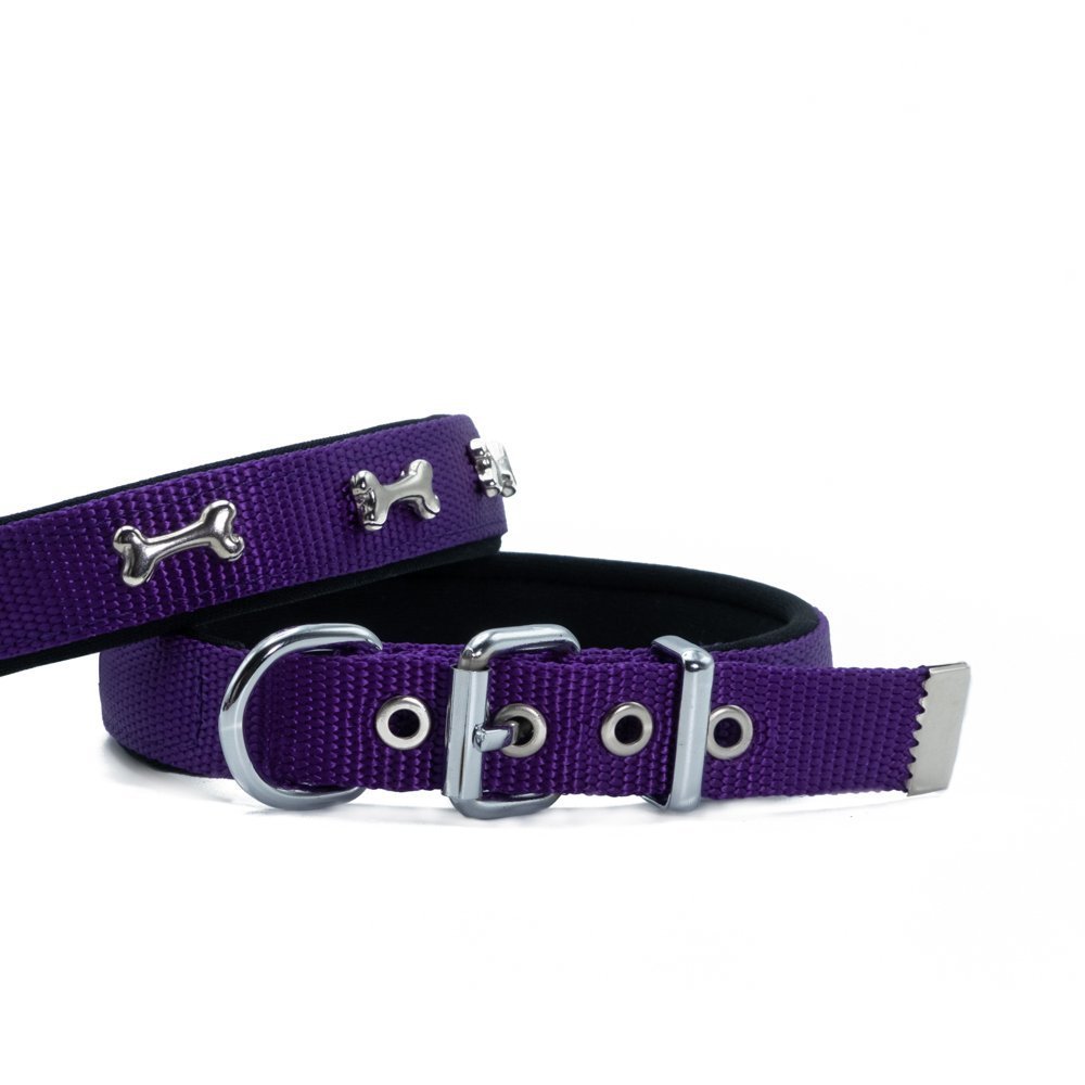 Doggie Konforlu Dokumadan El Yapımı Kemik Süslü Köpek Boyun Tasması 2,5x37-45cm - Purple