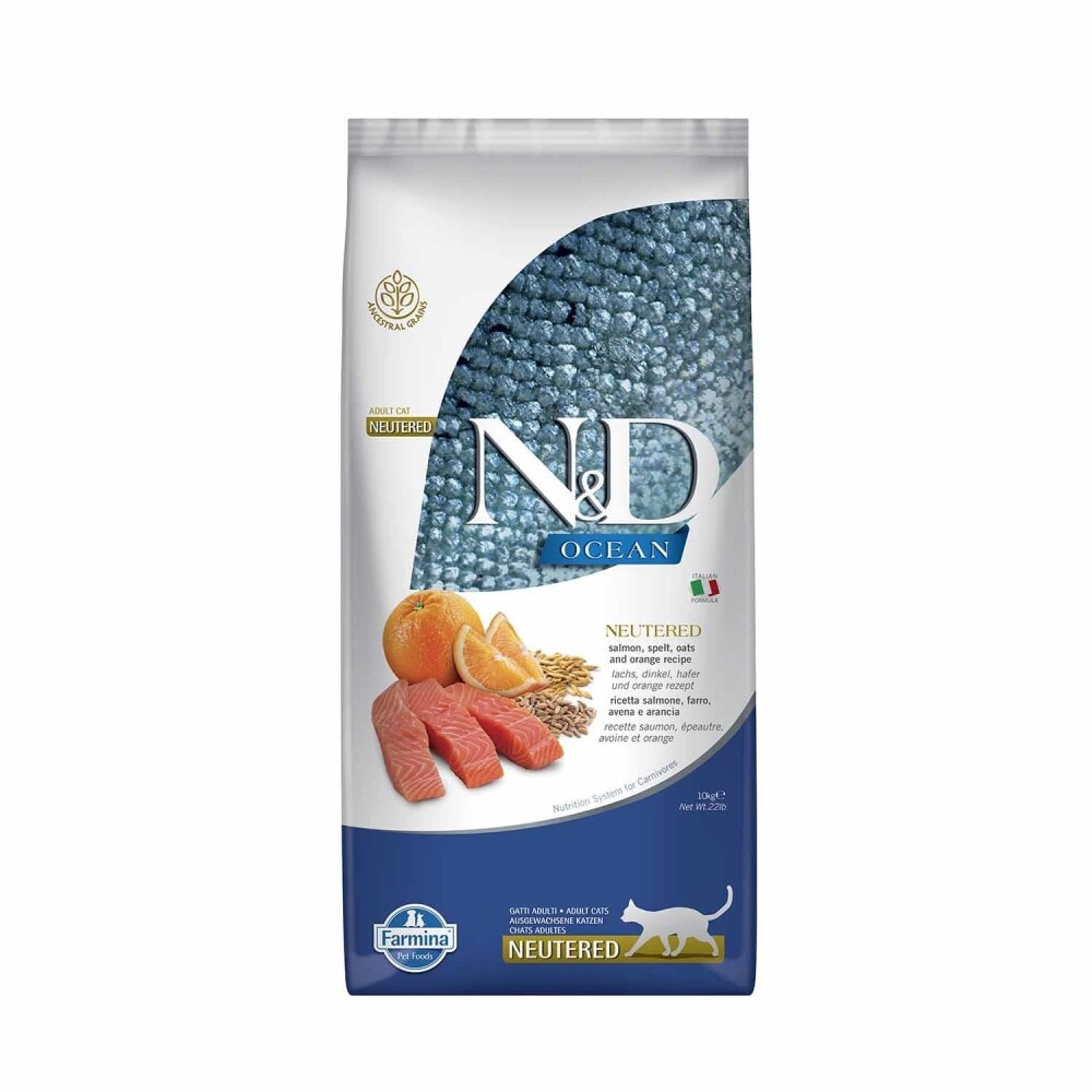 N&D Düşük Tahıllı Somon Balıklı ve Portakallı Kısırlaştırılmış Yetişkin Kedi Maması 10 kg