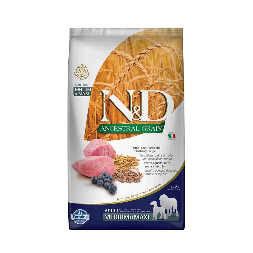 N&D Düşük Tahıllı Kuzu Etli Yaban Mersinli Orta ve Büyük Irk Yetişkin Köpek Maması 2,5 kg