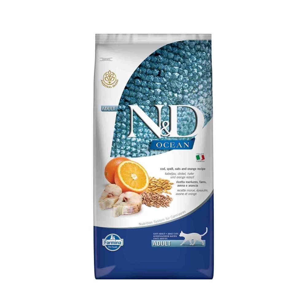 N&D Ocean Düşük Tahıllı Morina Balıklı ve Portakallı Yetişkin Kedi Maması 10 kg