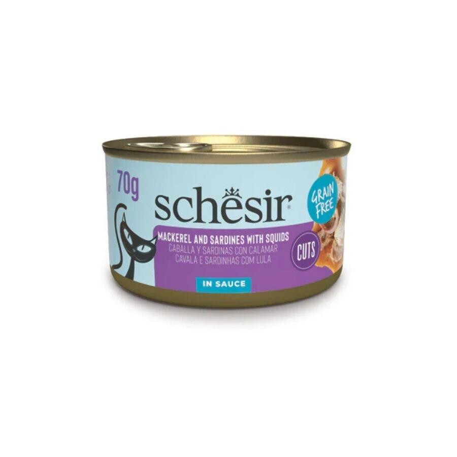 Schesir Sos İçinde Kalamar Uskumru ve Sardalyalı Yetişkin Kedi Konservesi 70 Gr