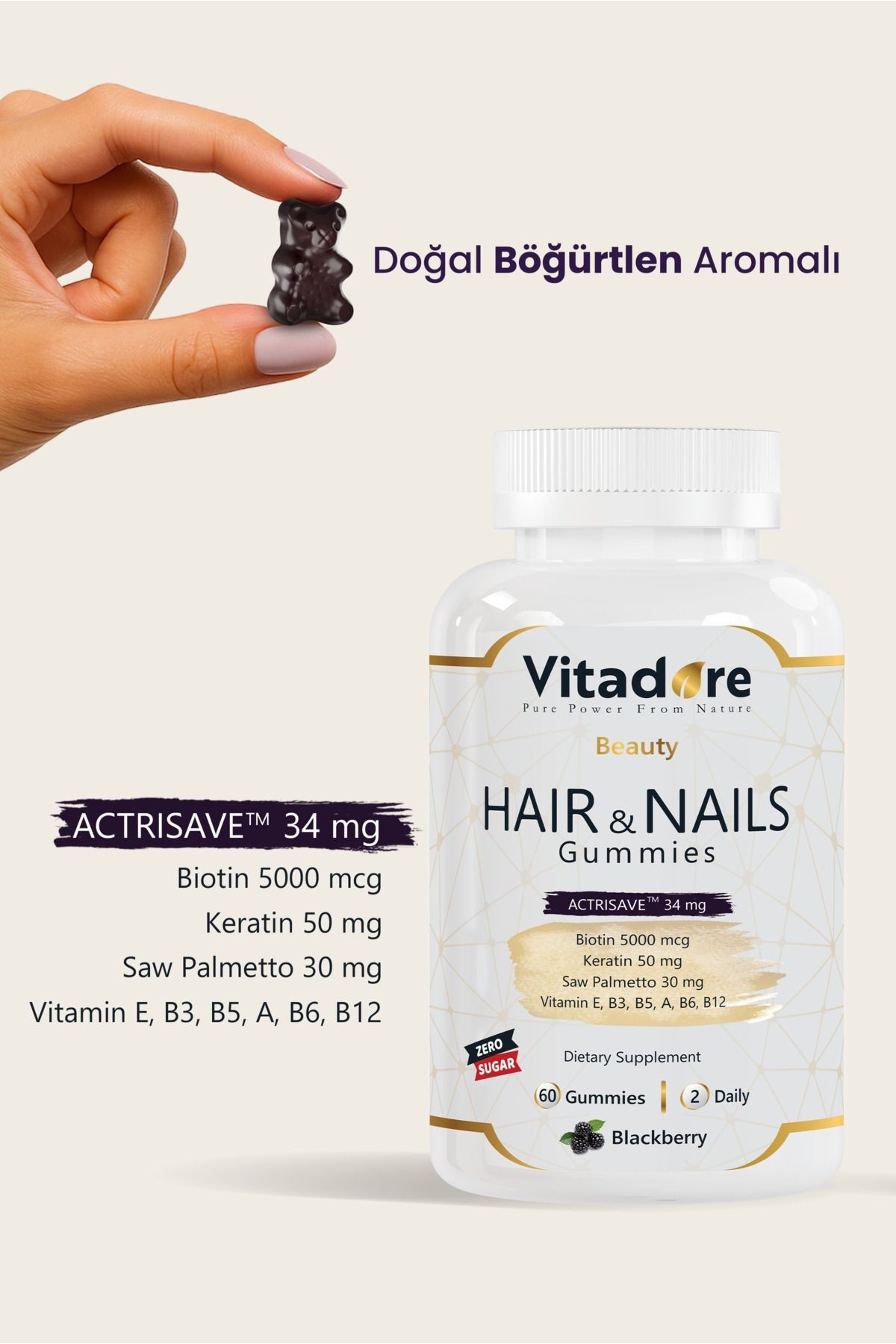 Çiğnenebilir Saç Vitamini – Beauty Hair & Nails Gummies | Biotin, Keratin, Saw Palmetto, Actrisave™