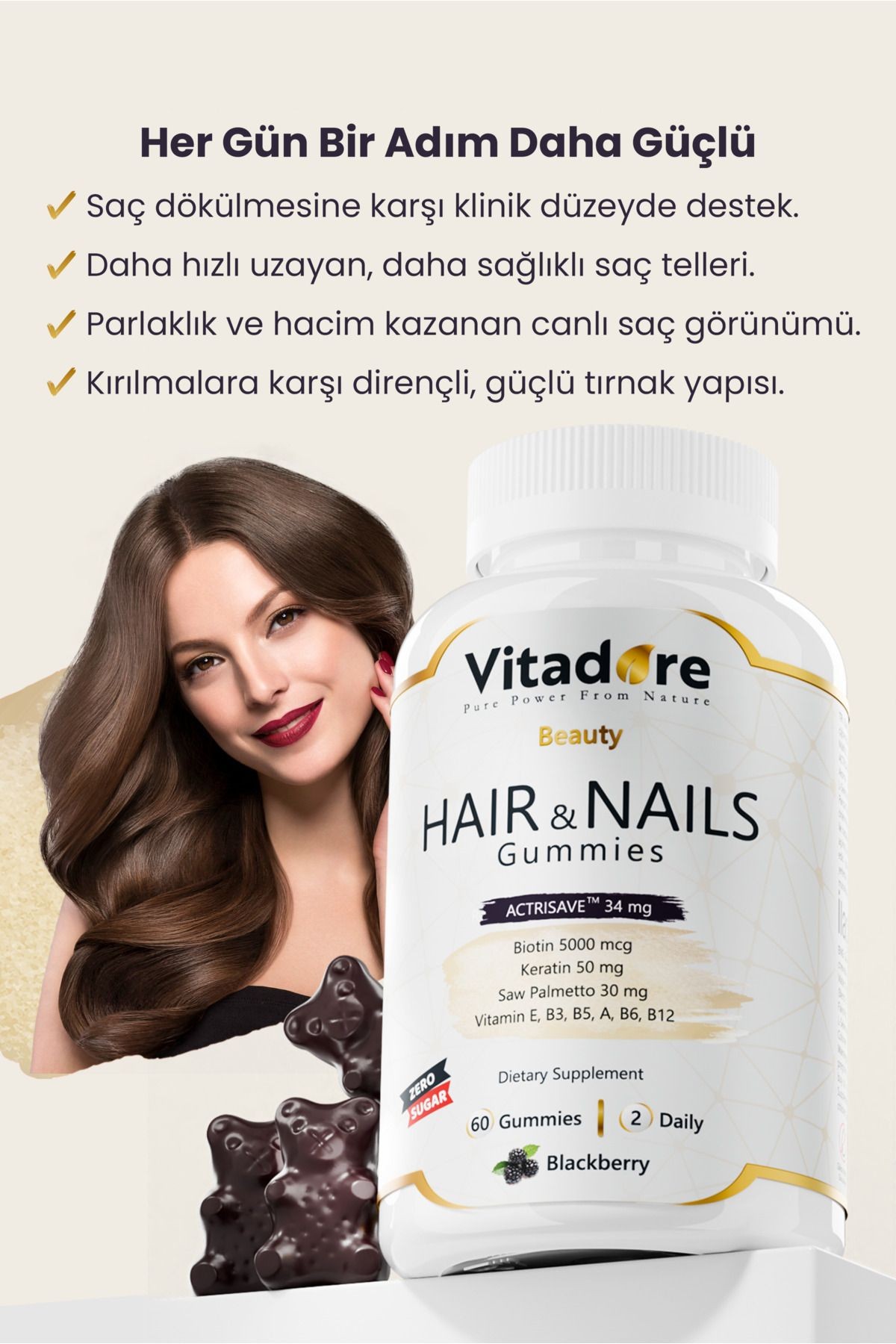 Çiğnenebilir Saç Vitamini – Beauty Hair & Nails Gummies | Biotin, Keratin, Saw Palmetto, Actrisave™