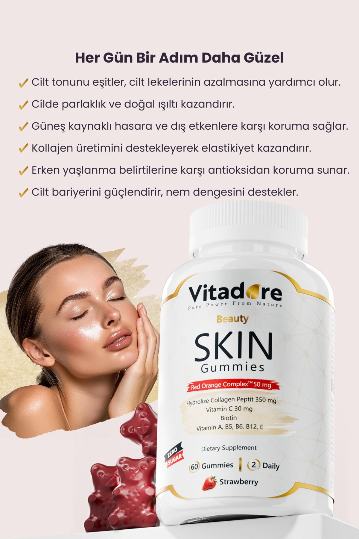 Çiğnenebilir Cilt Vitamini - Beauty Skin Gummies | Kolajen, Red Orange Complex™, Vitamin C & E